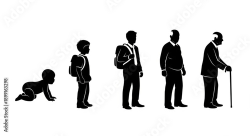 Human life cycle stages from infancy to old age silhouette.