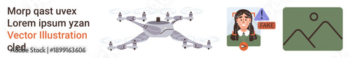 Surveillance, technology, AI, security, online content, identity verification. quadcopter, person with warning sign image placeholder. Surveillance and technology concept