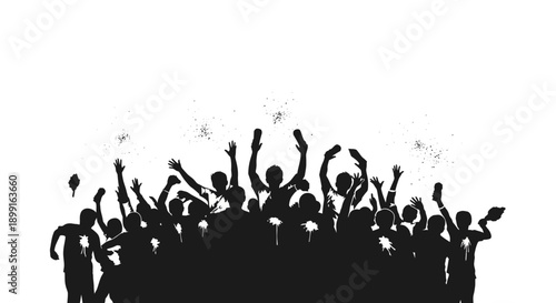 Silhouette of a cheerful crowd with raised hands celebrating an event or party, isolated on white background.