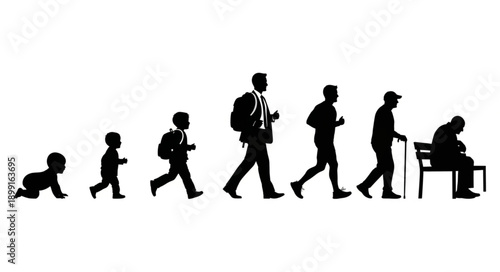 Human life cycle stages from infancy to old age silhouette.