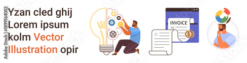 Innovation, finance, invoices, global communication, business strategy, collaboration. A person next to a light bulb and gears, an invoice document a global icon. Innovation and finance concepts