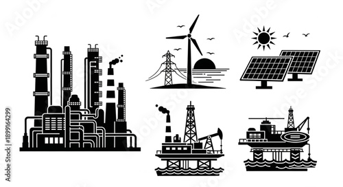 Industrial energy production and renewable resources illustration.