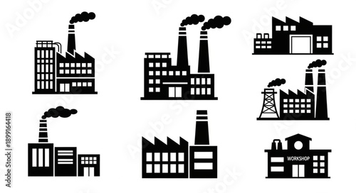 Set of black factory building icons with smoke stacks.