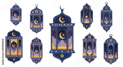 Collection of blue and yellow lanterns with crescent moon designs on a white background in a flat lay composition.