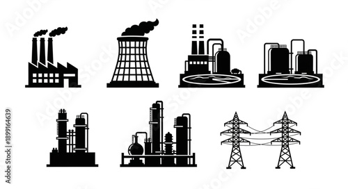 Industrial Factory Icons Set Black Silhouette.