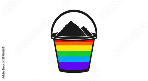 Rainbow bucket filled with black sand, symbolizing diversity and inclusion in a playful design.