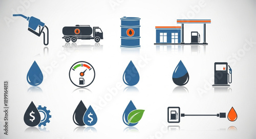 Collection of gasoline and fuel related icons and symbols.