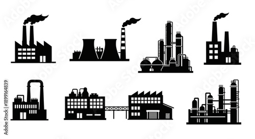 Collection of Industrial Factory Silhouettes with Smoke Stacks.