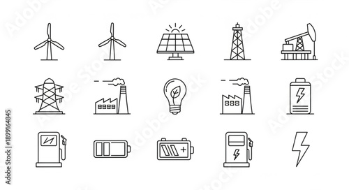 Energy Icons Set Renewable and Traditional Power Sources.