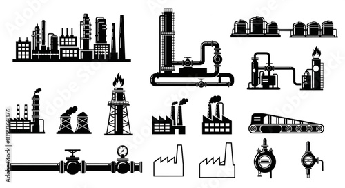 Industrial factory and refinery icons set.