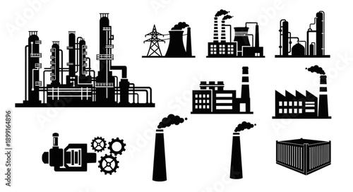 Industrial factory and plant silhouettes collection.