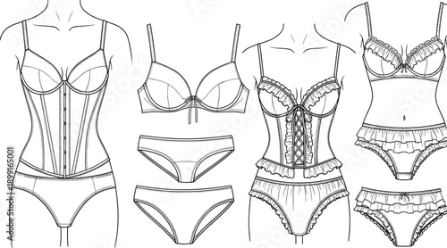 Technical CAD drawing flat vector illustration of women lingerie collection featuring lace up corsets underwire bras and ruffled panties sets