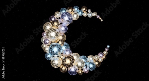 Wallpaper Mural Intricate Luxury Crescent Moon Collage Made of Multi-Sized Pearls and Shimmering Crystals on Elegant Black Background Torontodigital.ca