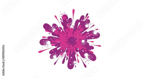 Vibrant magenta and purple paint splash with splatters and drops on a white background, dynamic explosion of color.