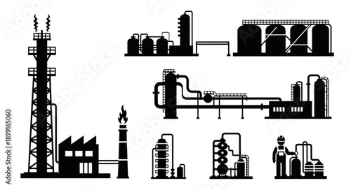 Industrial factory and refinery plant silhouettes set.
