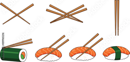 Sushi vector illustration set with salmon nigiri maki rolls and wooden chopsticks in various positions for Japanese cuisine food menu design