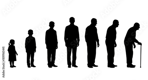 Human life cycle stages represented by silhouettes.