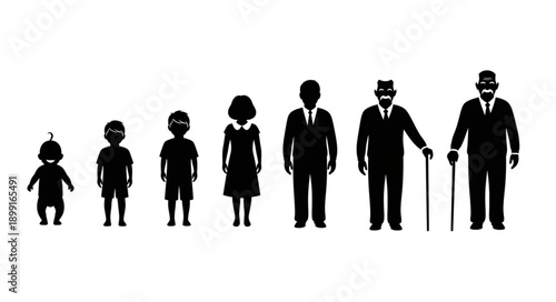 Human life cycle stages represented by silhouettes.