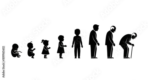 Human life cycle stages from infancy to old age silhouette progression.