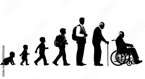 Human life cycle stages from infancy to old age silhouette.