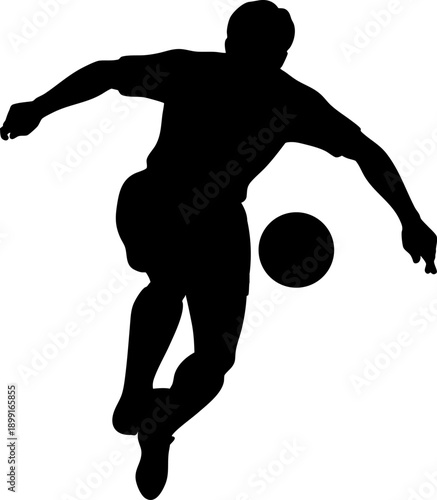 A professional male soccer player silhouette expertly cushioning a high ball with his thigh during an intense match