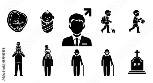 Human life cycle stages icons representing birth to death.