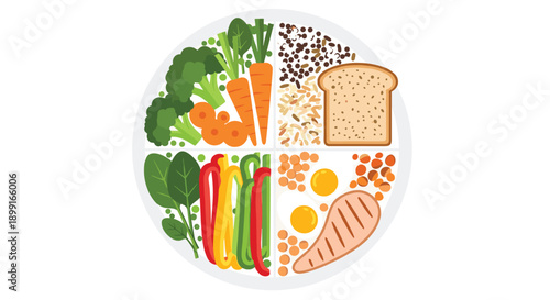 Healthy Balanced Food Plate Top View showing Portions of Vegetables Grains and Proteins like Broccoli Carrots Spinach and Chicken on a White Background with Bright Clean