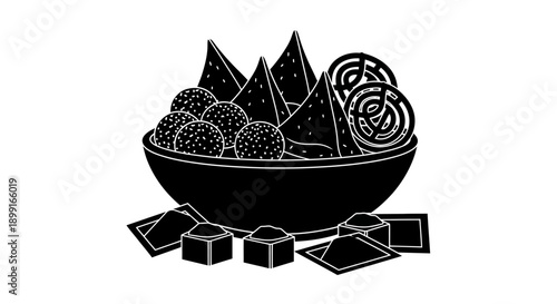 Black and white illustration of a bowl filled with various Indian snacks and sweets, including samosas, ladoos, and jalebis, with additional sweets scattered around the base.