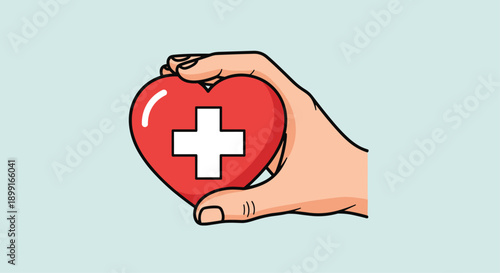 Hand Holding a Red Heart with a White Medical Cross representing Healthcare and Love in a Clean Minimalist Setting with Soft Blue Background and Even Lighting
