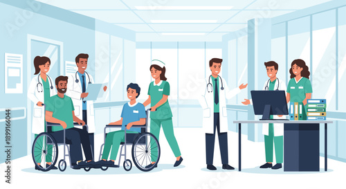 Busy Hospital Corridor with Medical Staff Assisting Patients in Wheelchairs and Working at a Reception Desk in a Bright Modern Environment with Soft Blue Lighting