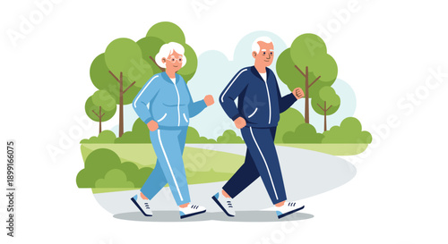 Senior Couple Power Walking in Tracksuits on a Path through a Lush Green Forest Park for Fitness in Bright Daytime Lighting and Healthy Lifestyle Concept
