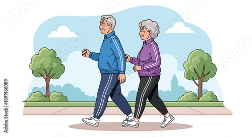 Elderly Couple Walking on a Sidewalk for Daily Exercise with a City Skyline and Trees in the Background in Soft Daytime Lighting and Clean Line Art Style
