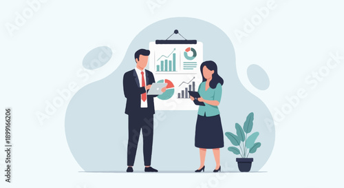 Flat illustration male and female  business character presenting abstract charts on board