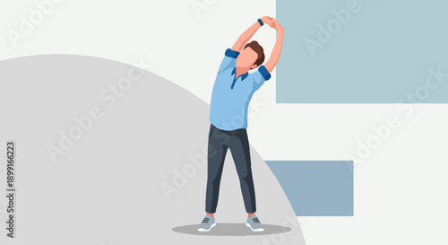 Flat illustration male office worker stretching during break, workplace wellness and healthy office lifestyle