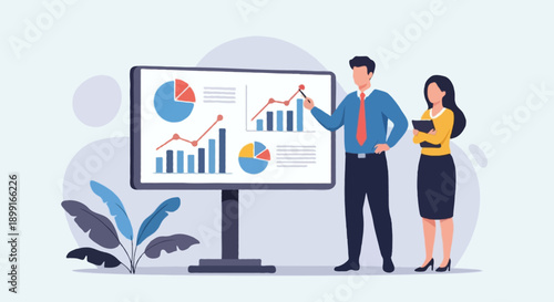 Flat illustration male and female  business character presenting abstract charts on board