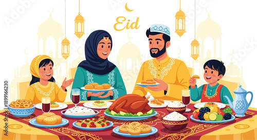 Muslim Family Celebrating Eid with a Large Roast Turkey and Traditional Dishes on a Decorated Table in a Bright Festive Environment with Soft Golden Lighting