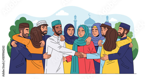 Group of Diverse Muslim Men and Women Hugging and Shaking Hands in Celebration in front of a Mosque Silhouette in Bright Daytime Lighting and Cheerful Mood
