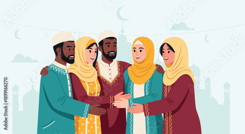 Diverse Group of Muslim Friends Hugging and Smiling Together in front of a Mosque Silhouette in a Bright Softly Lit Environment for Eid Celebration Concept