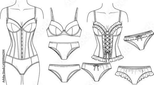 Set of Women Lingerie Outfits Including Lace Up Corsets, Bras, and Panties with Ruffles and Bows in CAD Drawing Flat Vector Illustration