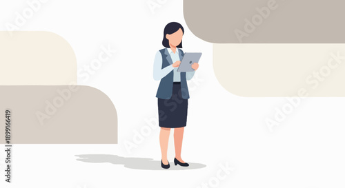 Flat illustration female office worker holding tablet, abstract task management and productivity concept