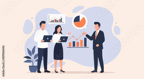 Flat illustration male and female  business character presenting abstract charts on board