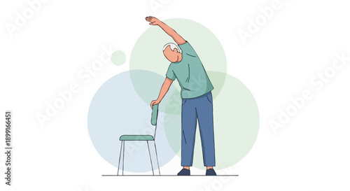 Flat illustration senior male stretching arms while holding chair for support, gentle flexibility exercise for diabetes management