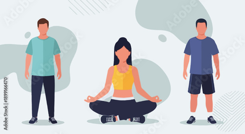 Flat illustration male and female character sitting meditation pose, mental health and stress relief concept