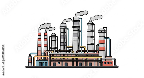 Industrial factory with smoking chimneys and complex pipe systems.