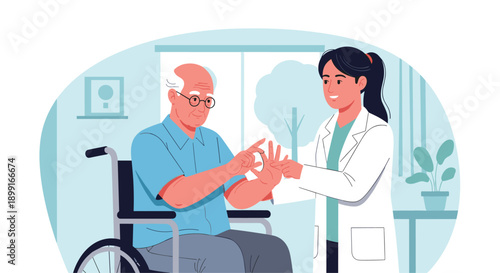 Female Doctor Examining an Elderly Man in a Wheelchair in a Bright Medical Office with Professional Lighting and Clean Patient Care Environment