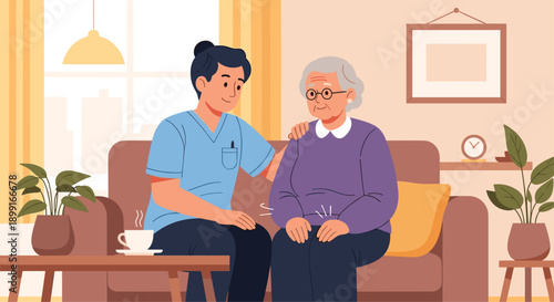 Female Caregiver Comforting an Elderly Woman on a Sofa in a Cozy Home Environment with Warm Lighting and Caring Supportive Atmosphere