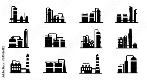 Collection of Industrial Factory Silhouettes Icons Set.