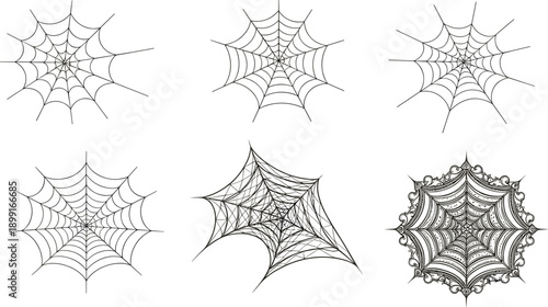 Detailed Spider Web Collection Featuring Symmetrical Cobweb Shapes Ornamental Gothic Style And Halloween Decorative Line Vector Elements