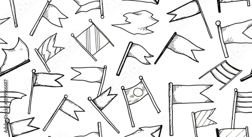 Vibrant Flags in Motion, Artistic Illustration, Creative Environment, Black & White