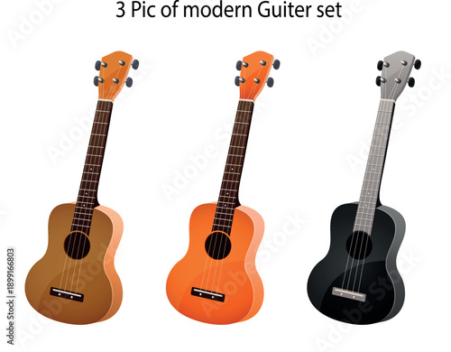 Modern Guitar Set: A collection of three sleek, modern guitars, each in a unique color, exuding an artistic and melodic charm, perfect for music enthusiasts.